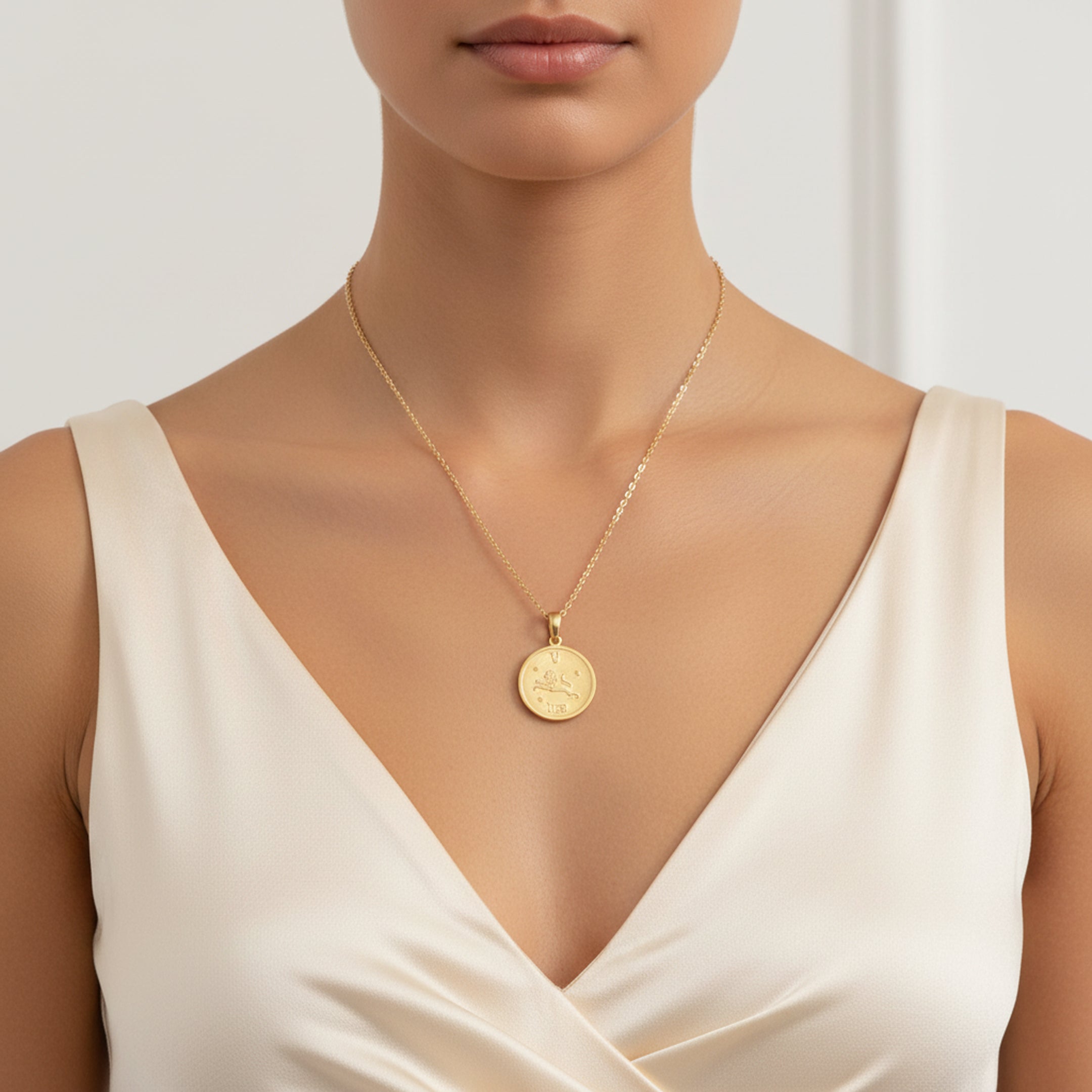 Leo Zodiac Sign Gold Medallion Necklace