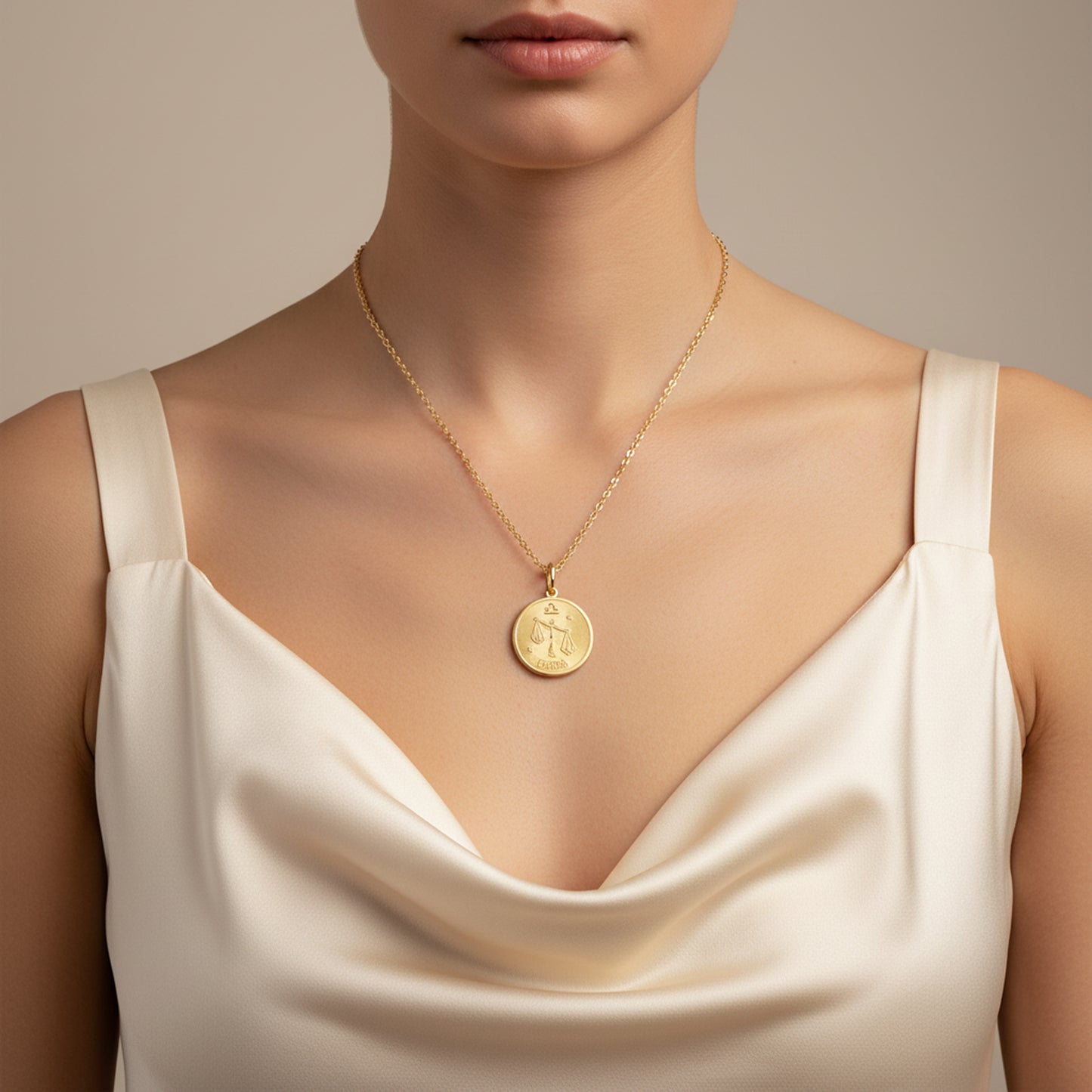 Libra Zodiac Sign Gold Medallion Necklace
