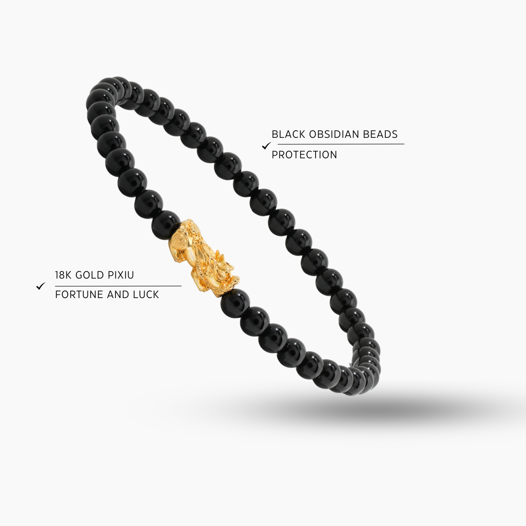 Energized Black Obsidian 18k REAL Gold Feng Shui Pixiu Bracelet