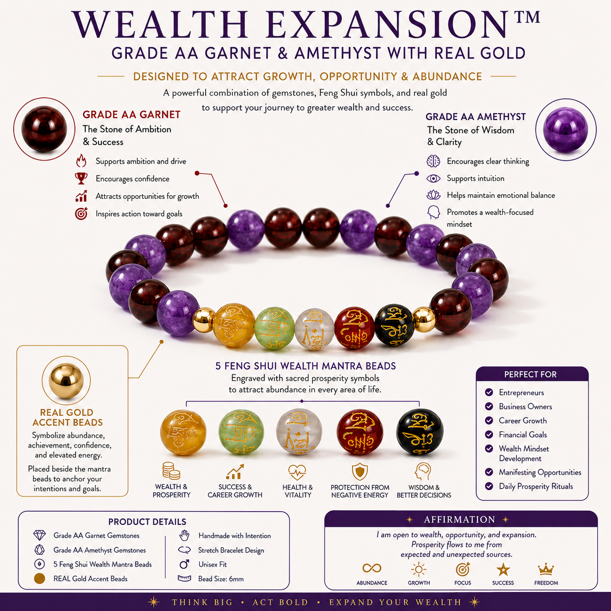 Wealth Expansion Bracelet Grade AA Garnet & Amethyst with Real Gold