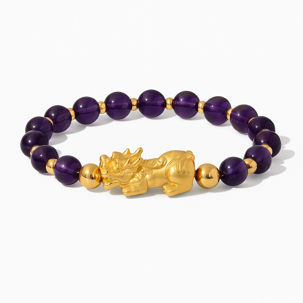 Amethyst Grade AA Infinite Fortune 18k Gold Vermeil Pixiu Feng Shui Bracelet