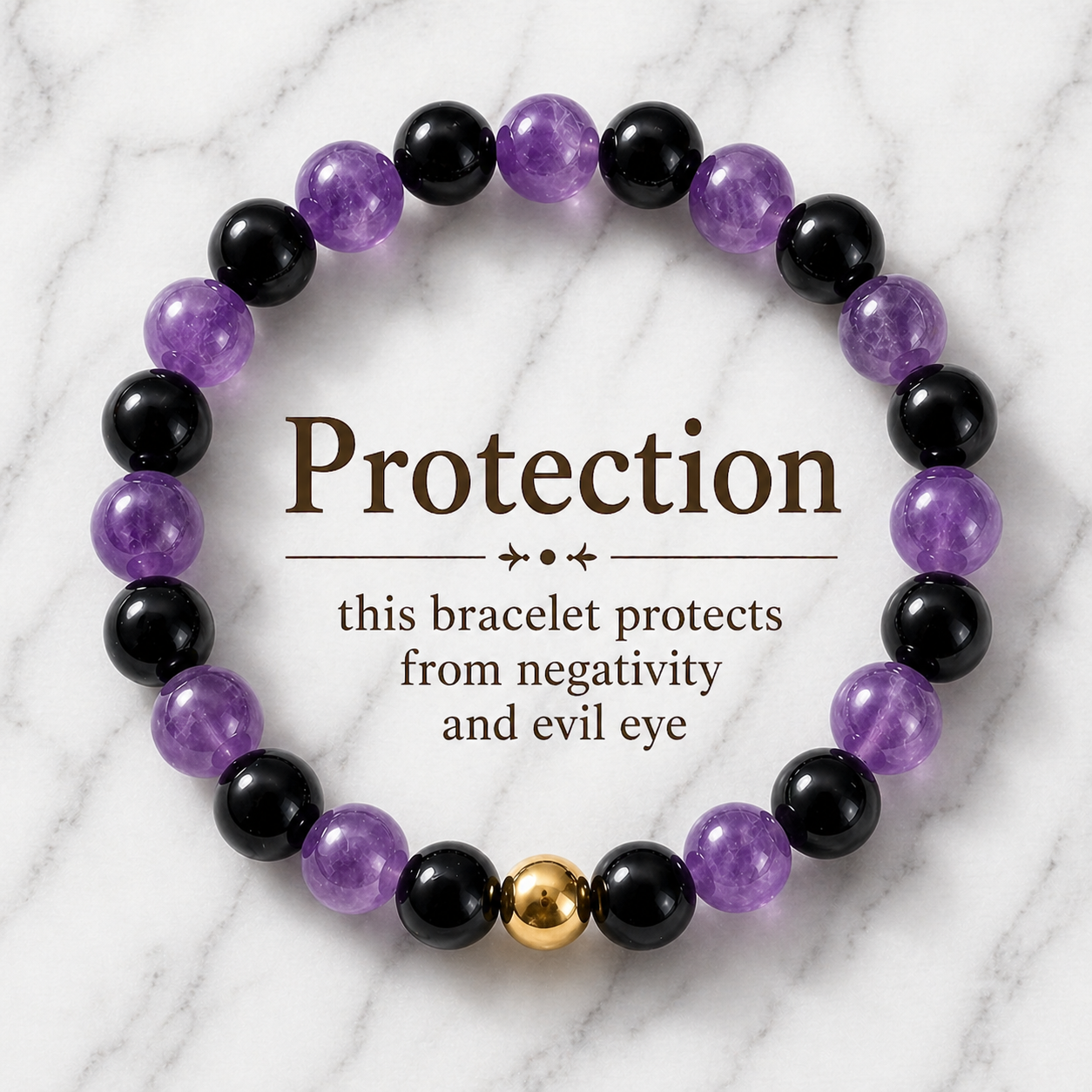 Amethyst and Black Obsidian Crystal Beaded Bracelet With Real Gold - Protection