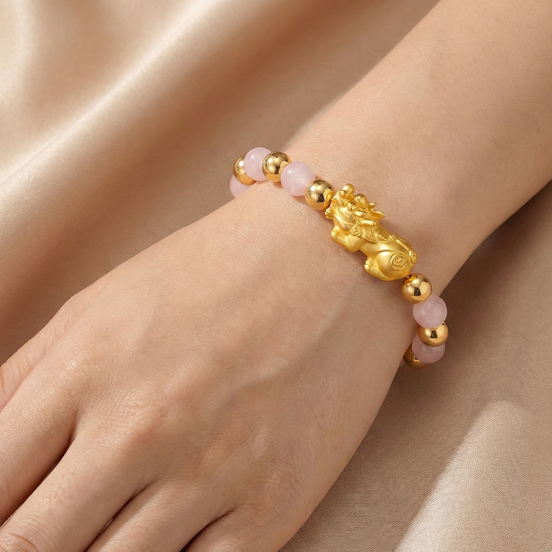 Rose Quartz Infinite Fortune 18k Gold Vermei Pixiu Feng Shui Bracelet