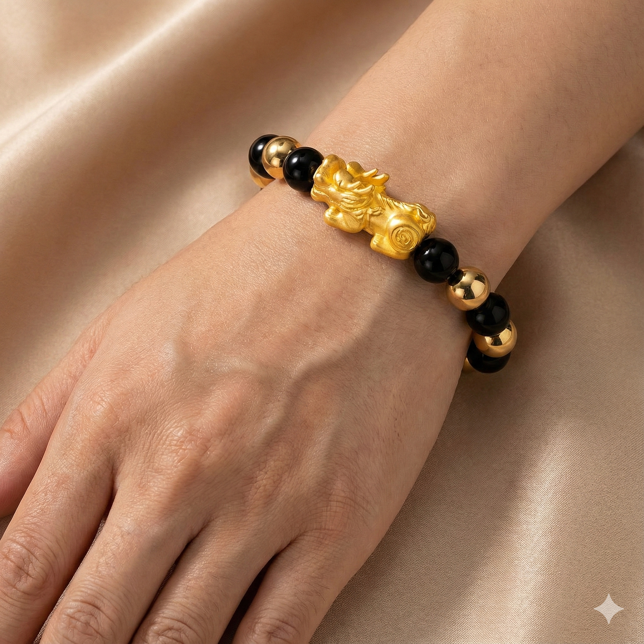 Black Obsidian Infinite Fortune 18k Gold Vermei Pixiu Feng Shui Bracelet