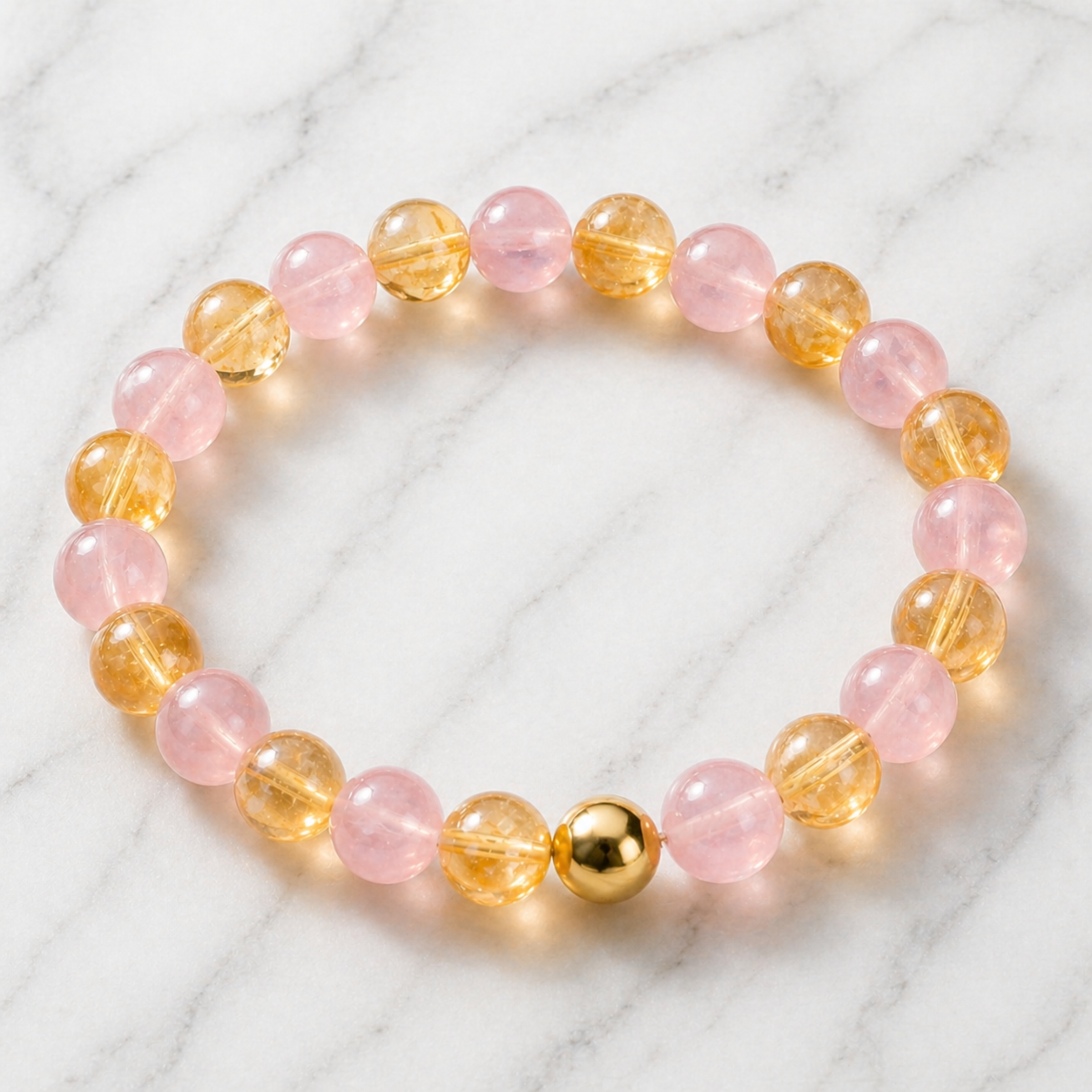 Rose Quarts and Citrine Crystal Beaded Bracelet With Real Gold - Love and Wealth