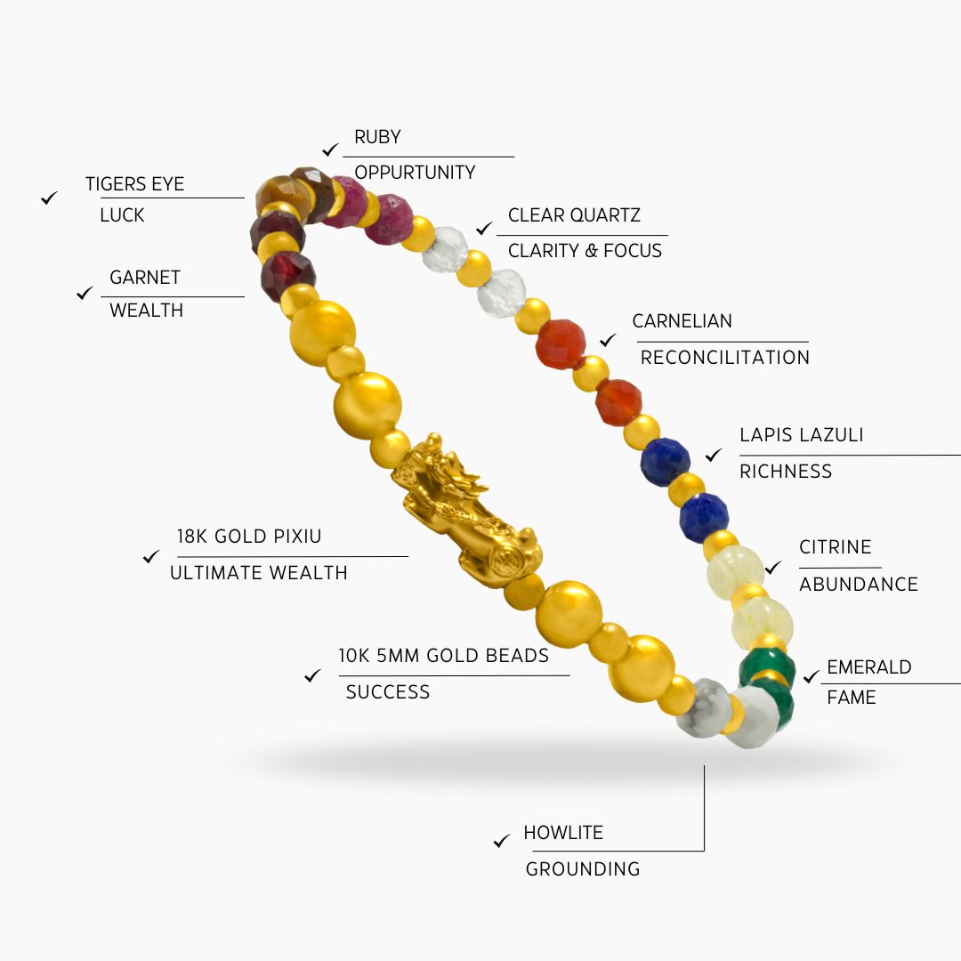 Sal's Lucky 9 Gemstone 18k REAL Gold Pixiu Bracelet