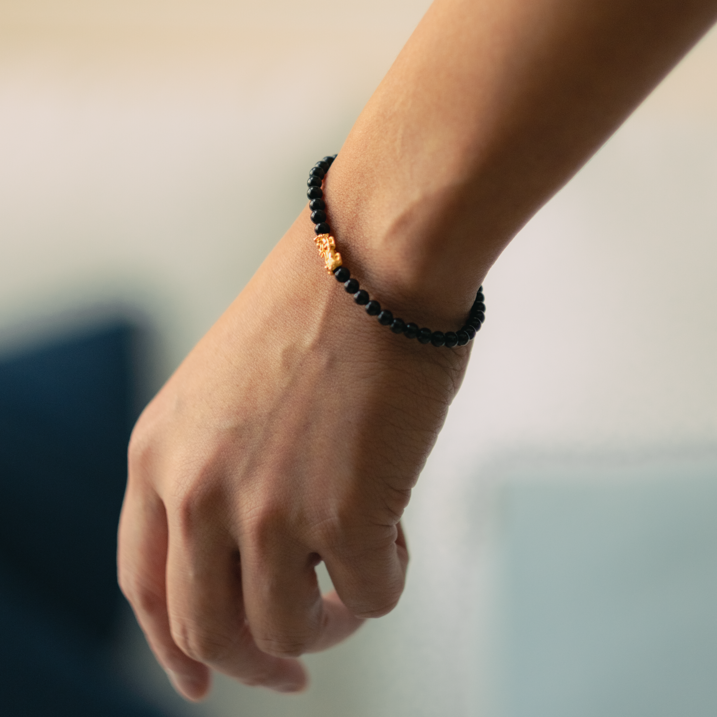Energized Black Obsidian 18k REAL Gold Feng Shui Pixiu Bracelet
