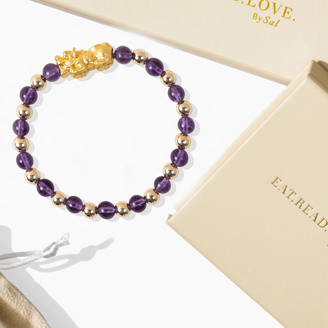 Amethyst Grade AA Infinite Fortune 18k Gold Vermeil Pixiu Feng Shui Bracelet