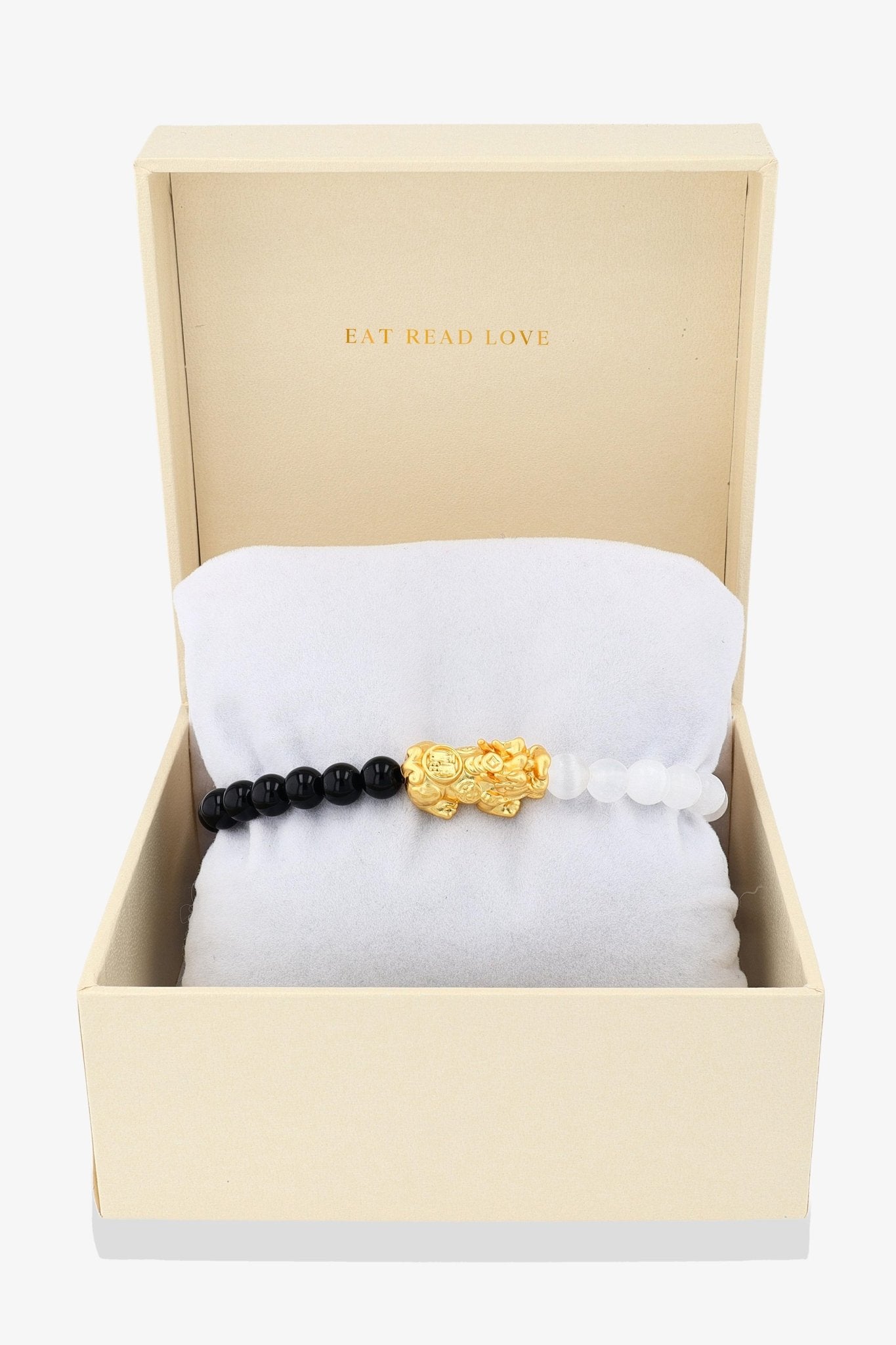 Black Obsidian and Selenite Mega Fortune 18k Gold Vermeil Pixiu Feng Shui Bracelet - Eat.Read.Love.
