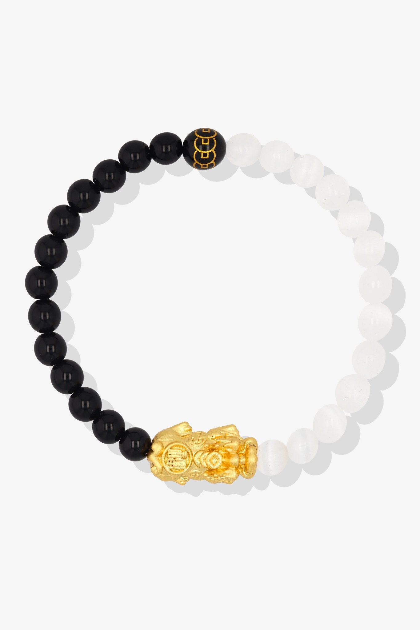 Black Obsidian and Selenite Mega Fortune 18k Gold Vermeil Pixiu Feng Shui Bracelet - Eat.Read.Love.