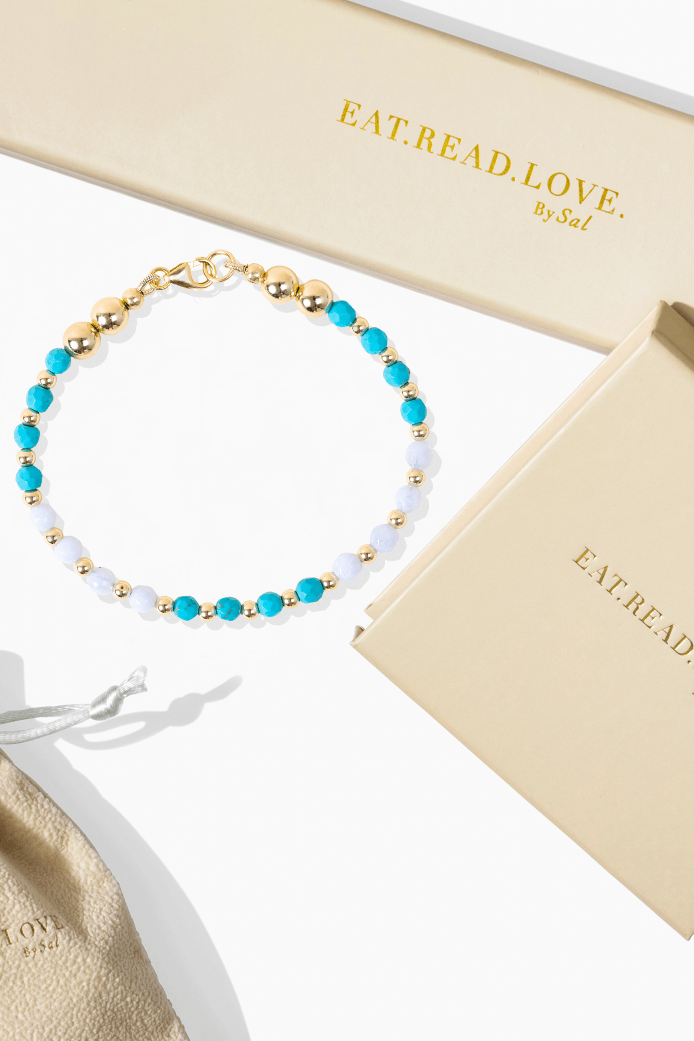 Calming Spiritual Bracelet with REAL Gold - Blue Lace Agate and Turquoise - Eat.Read.Love.