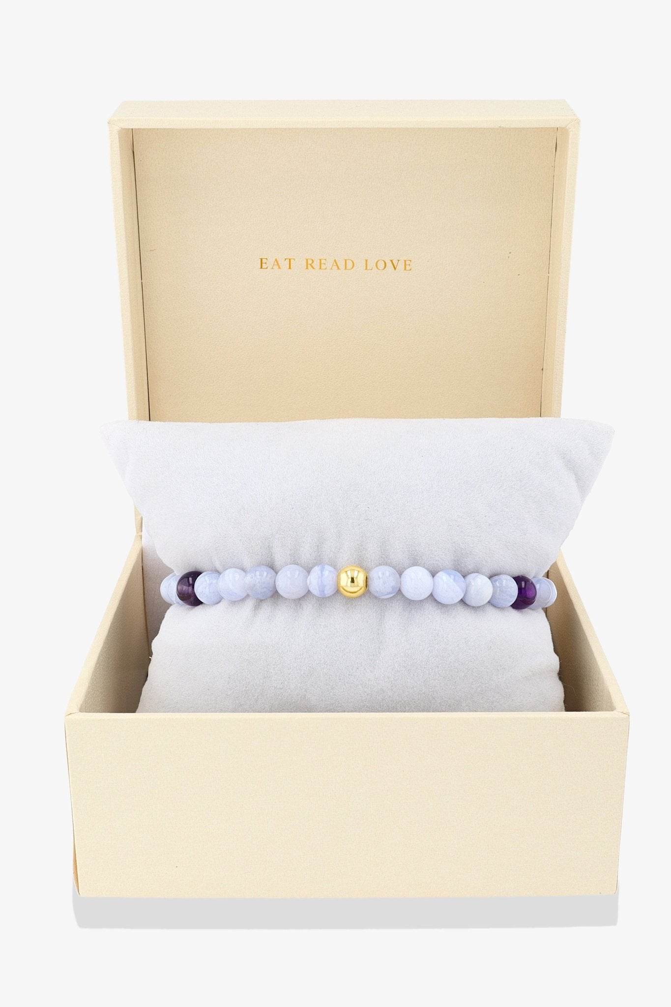 Gemini Blue Lace Agate and Amethyst Crystal Bracelet with REAL Gold - Eat.Read.Love.