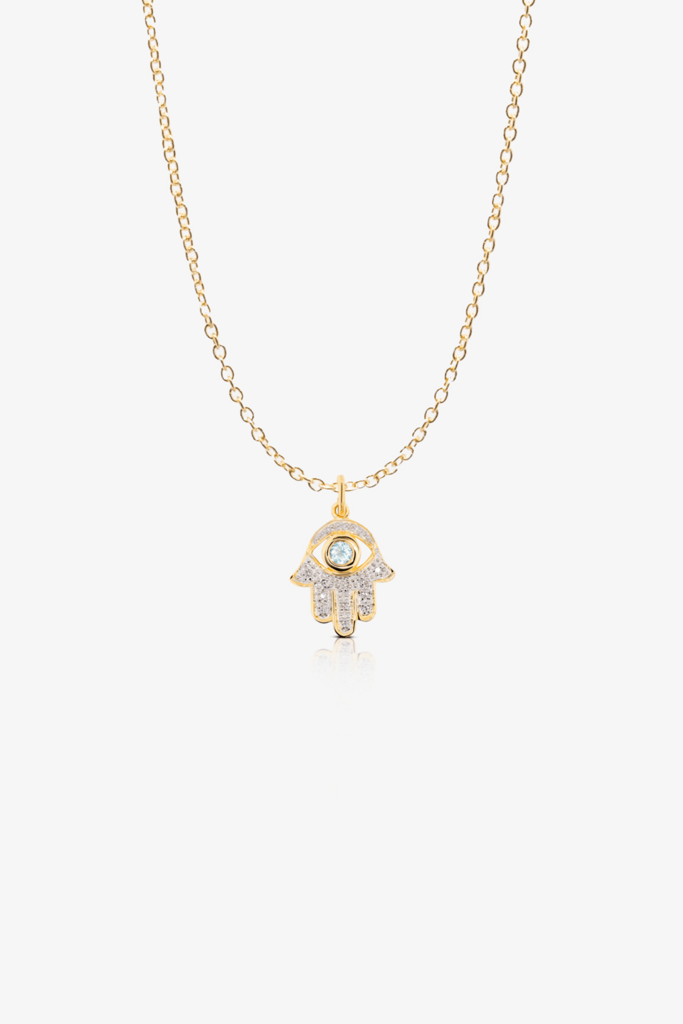 Hamsa Diamond with Blue Topaz Evil Eye Pendant 14k REAL Yellow Gold - Eat.Read.Love.