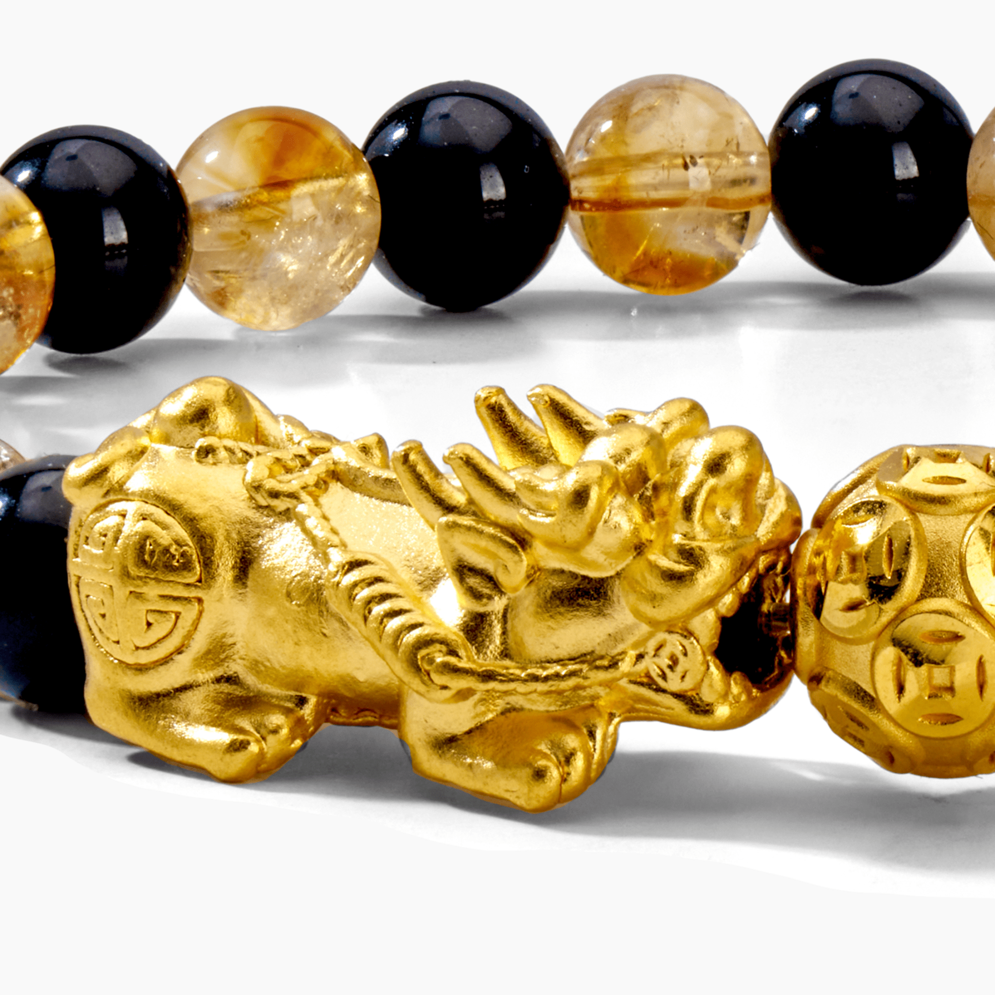 Natural Citrine and Black Obsidian Double Pixiu Feng Shui 24k REAL Gold Bracelet - Eat.Read.Love.