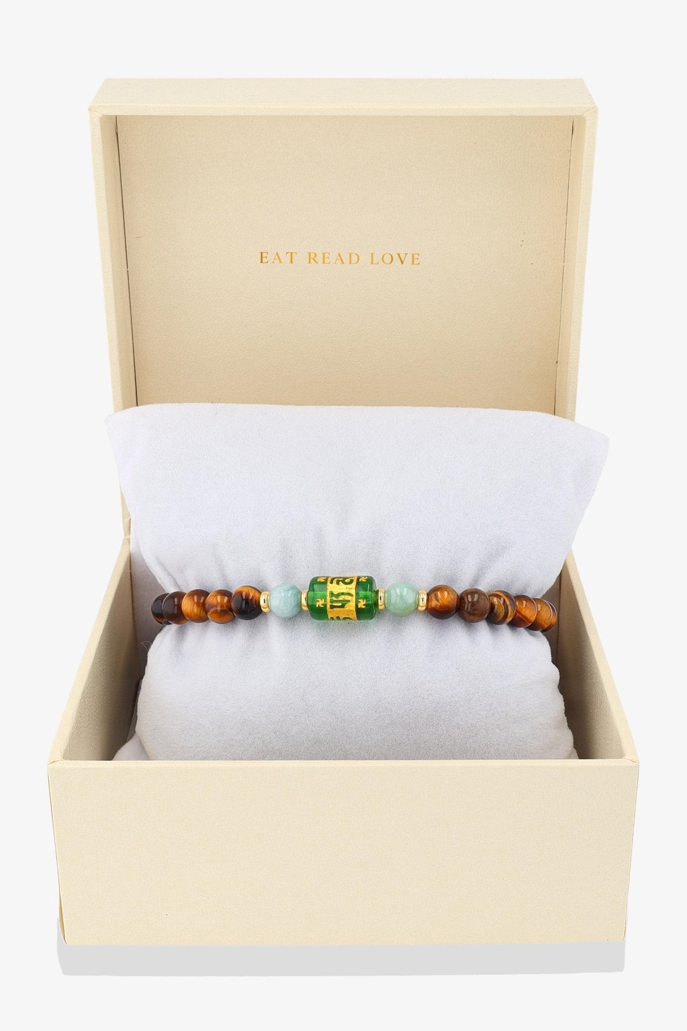 Natural Tigers Eye and Jade Mantra Prayer Feng Shui Bracelet - Eat.Read.Love.