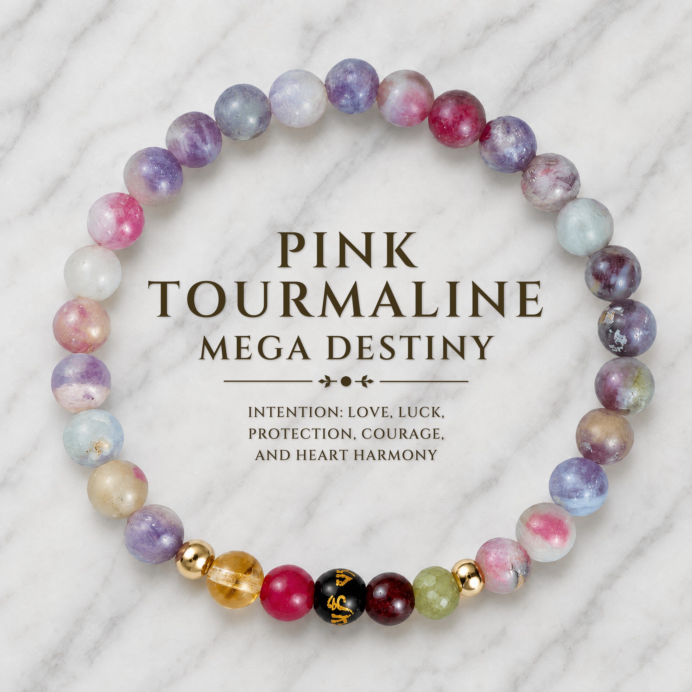 Pink Tourmaline Mega Destiny Lucky 7 Gemstone Bracelet With REAL Gold