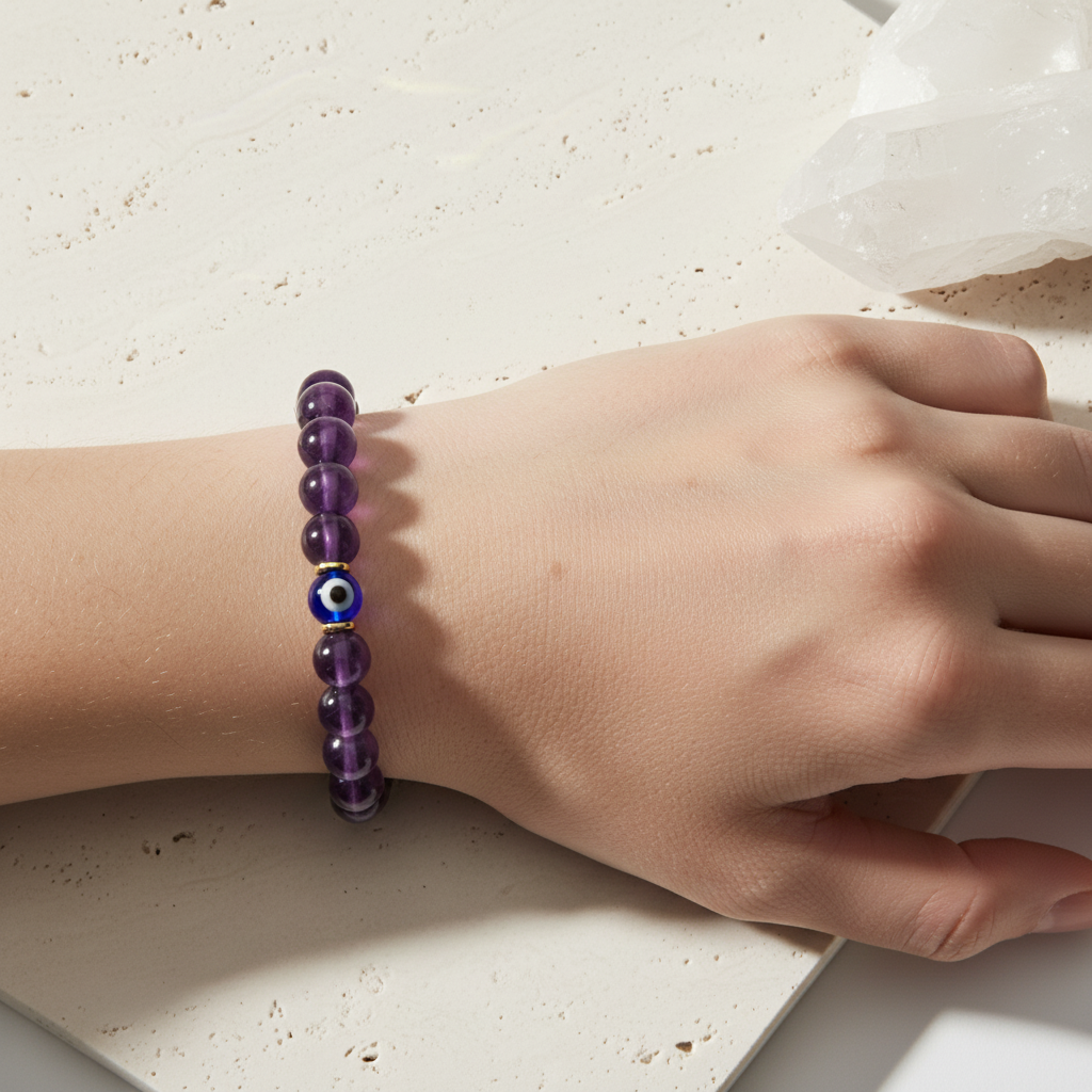 Aquarius Evil Eye Amethyst Crystal Protection Bracelet