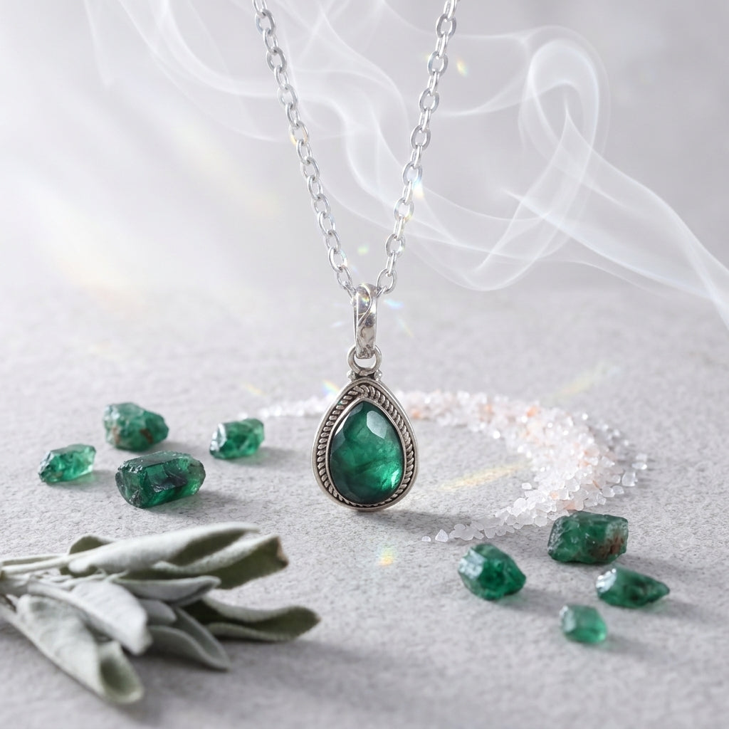 Genuine Grade A Emerald Sterling Silver Gemstone Necklace