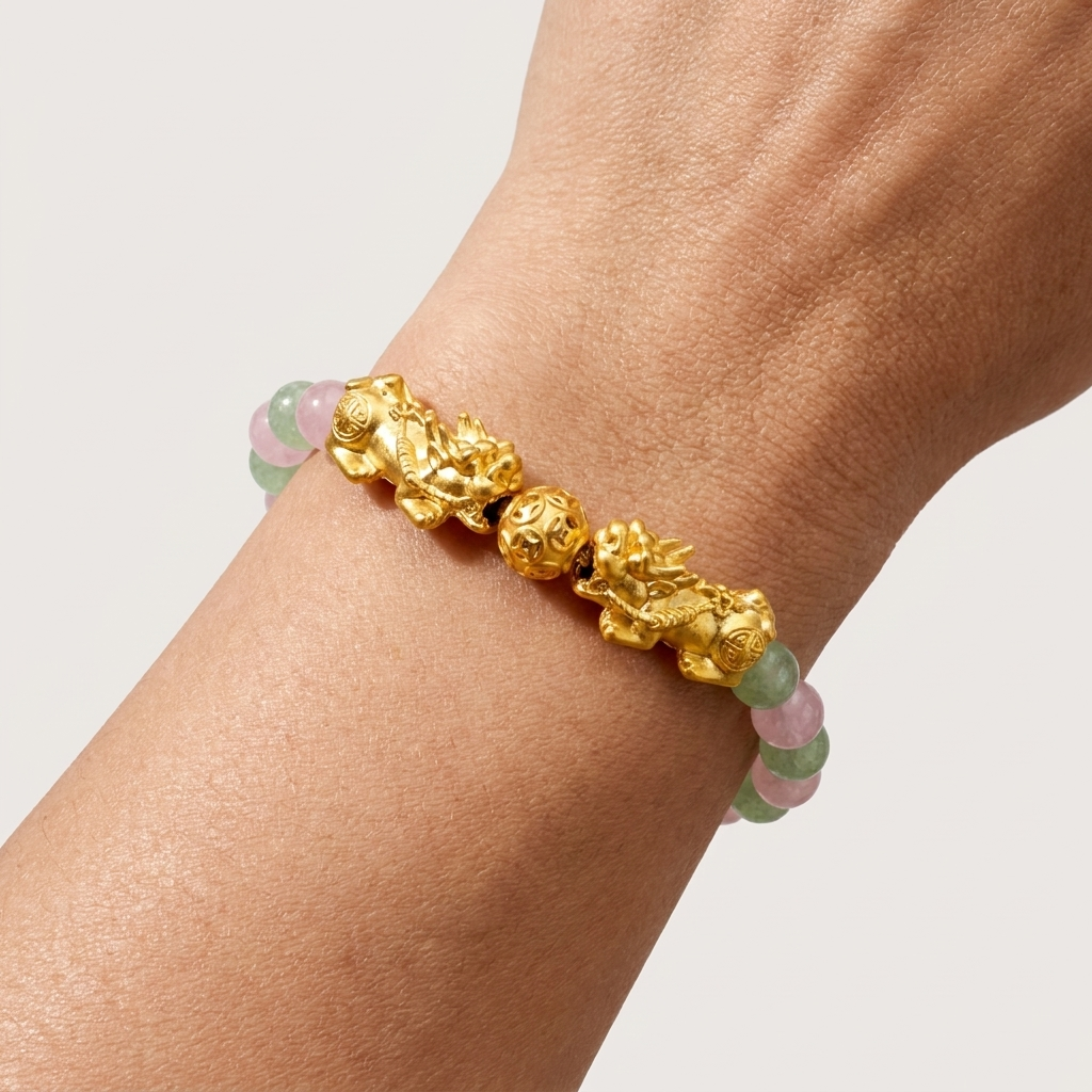 Soulmate Attracting Jade and Rose Quartz Double Pixiu Bracelet