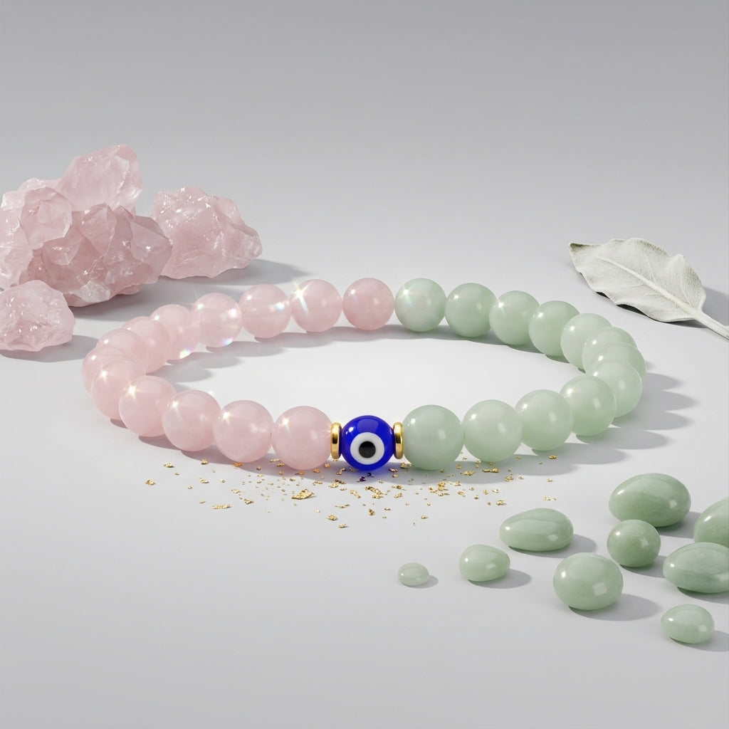 Rose quartz jade evil eye bracelet love manifestation protection jewelry - Eat.Read.Love.
