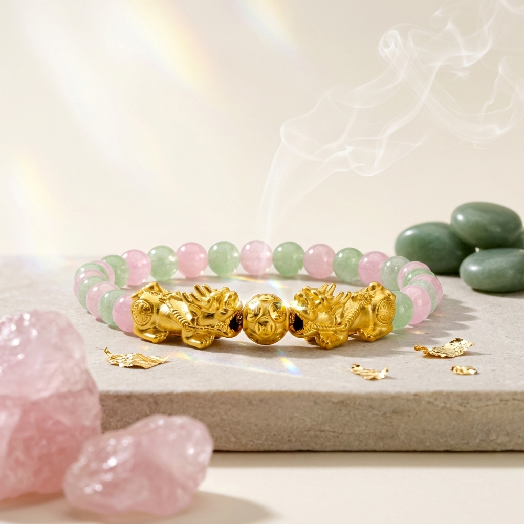 Soulmate Attracting Jade and Rose Quartz Double Pixiu Bracelet