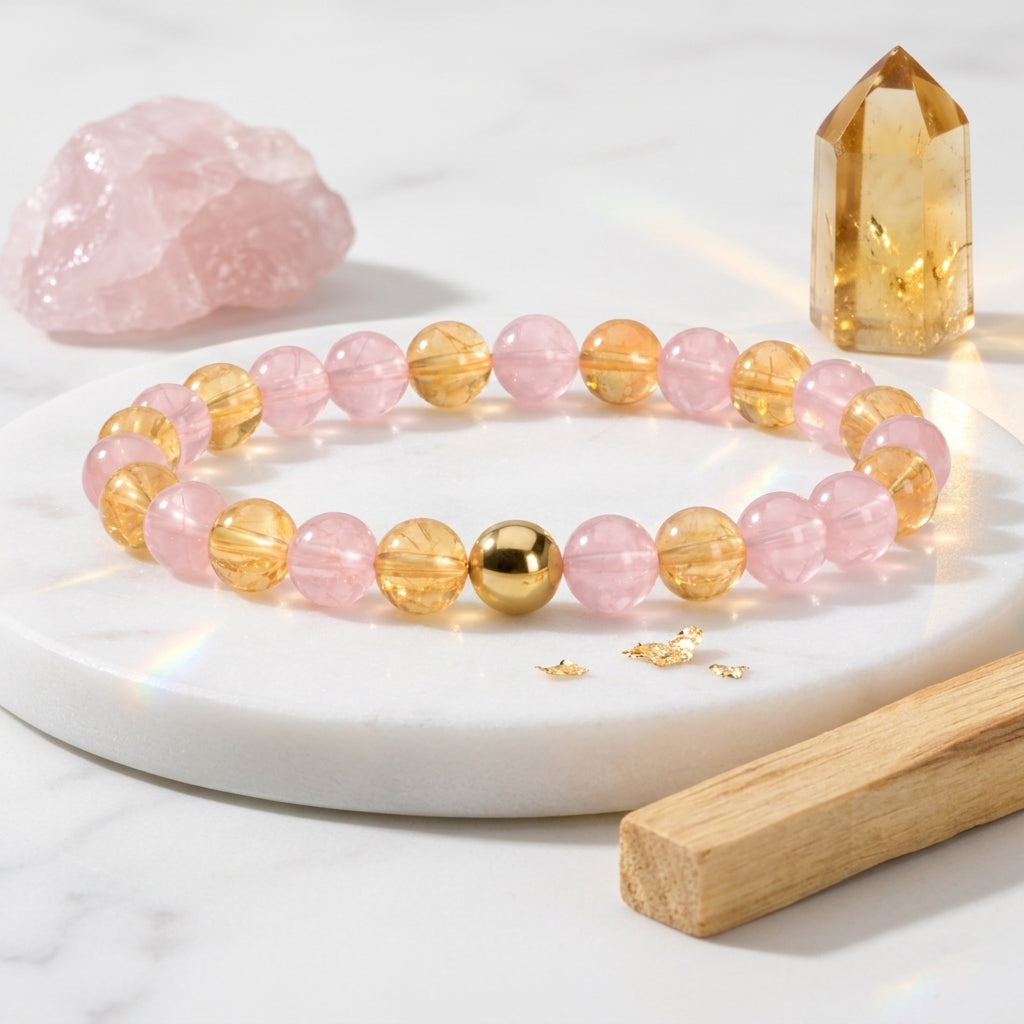 Rose Quarts and Citrine Crystal Beaded Bracelet With Real Gold - Love and Wealth