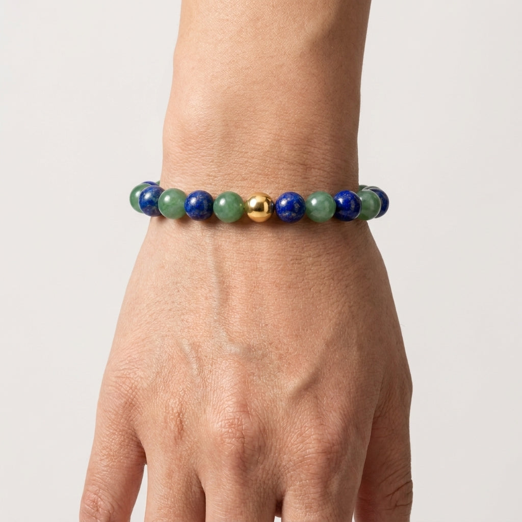 Jade and Lapis Lazuli Crystal Beaded Bracelet With Real Gold - Fortune