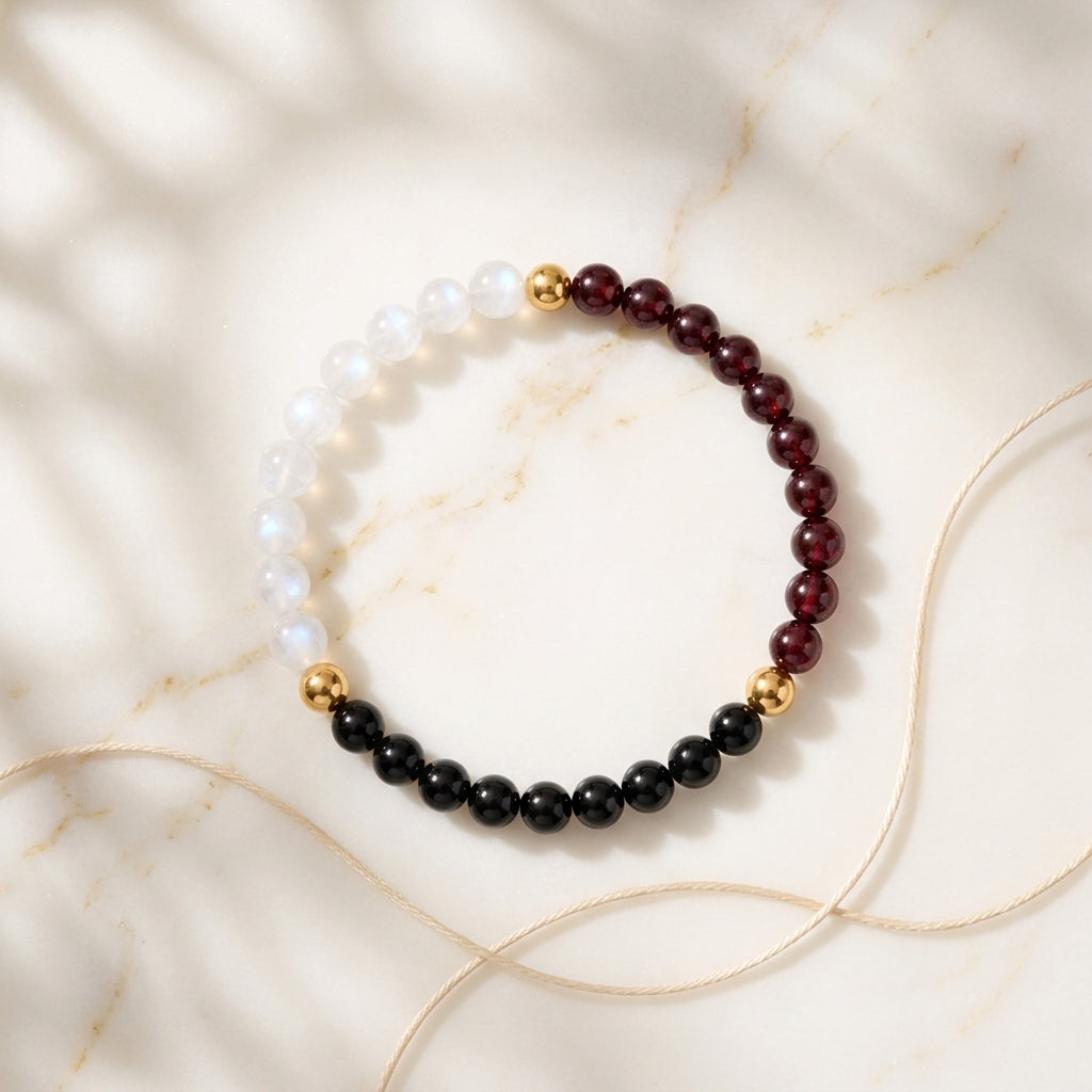 Full Moon Manifestation Bracelet – Moonstone, Red Garnet & Black Onyx