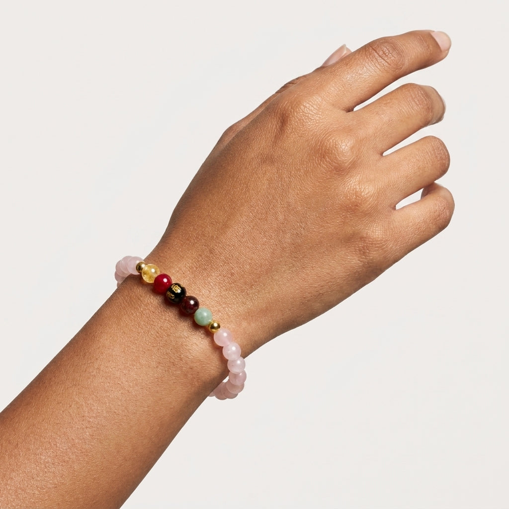 Rose Quartz Mega Love Lucky 7 Gemstone Bracelet With REAL Gold