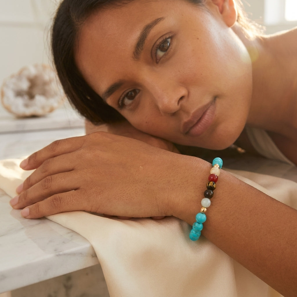 Turquoise Mega Atttraction Lucky 7 Gemstone Bracelet With REAL Gold