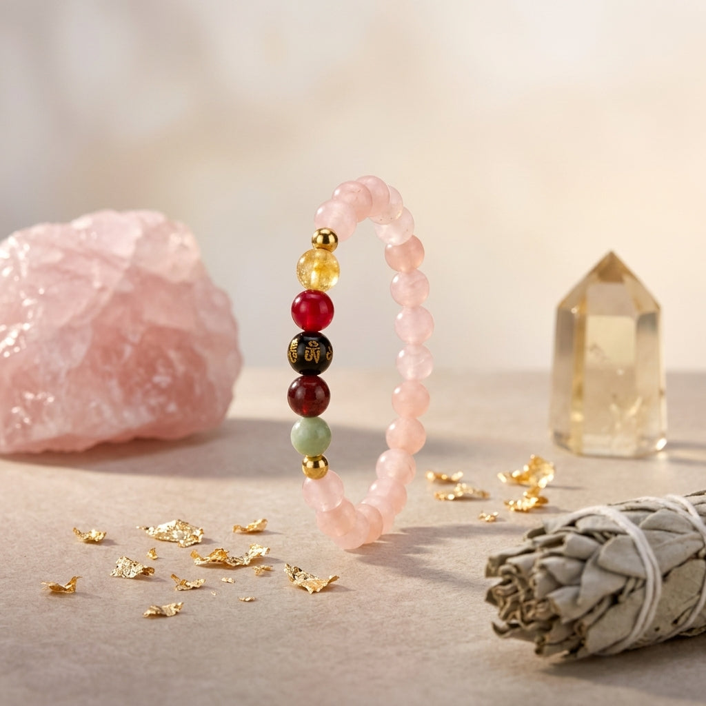Rose Quartz Mega Love Lucky 7 Gemstone Bracelet With REAL Gold