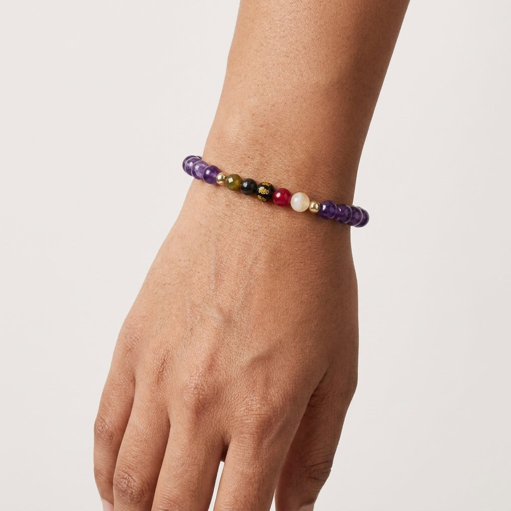 Amethyst Mega Manifest Lucky 7 Gemstone Bracelet With REAL Gold