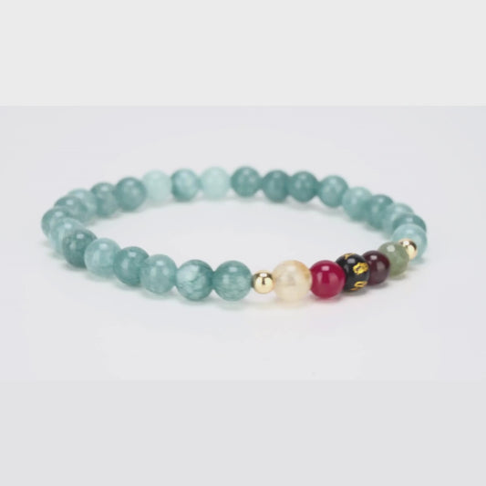 Aquamarine Mega Peace Lucky 7 Gemstone Bracelet With REAL Gold