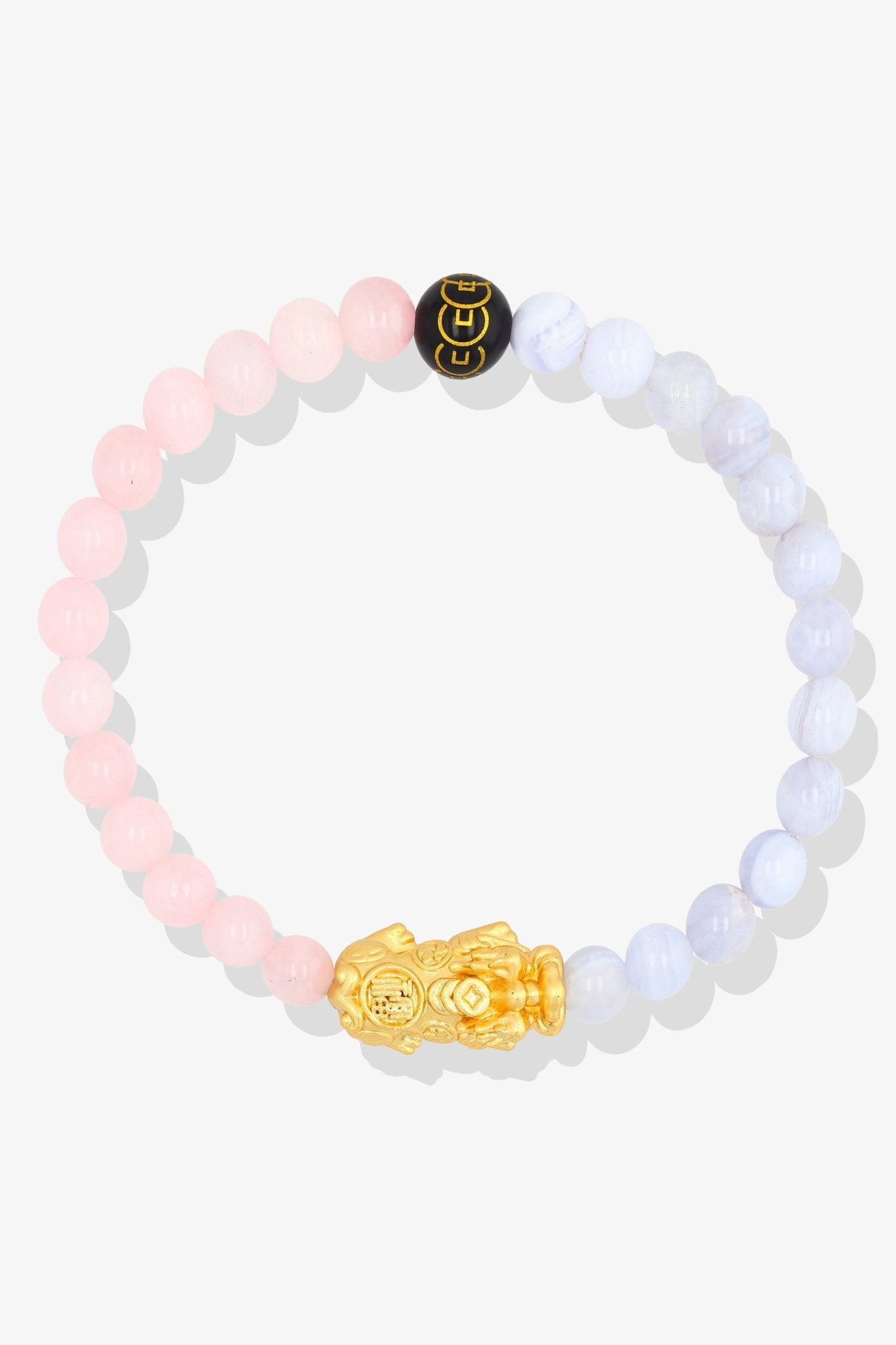 Rose Quartz and Blue Lace Agate Mega Fortune 18k Gold Vermeil Pixiu Feng Shui Bracelet - Eat.Read.Love.