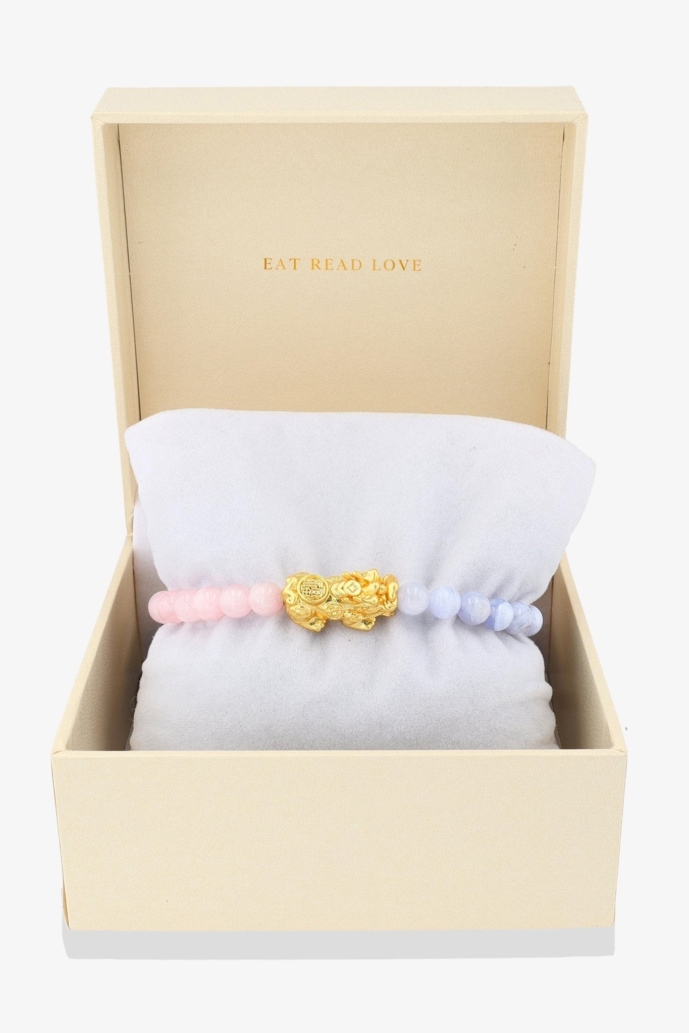 Rose Quartz and Blue Lace Agate Mega Fortune 18k Gold Vermeil Pixiu Feng Shui Bracelet - Eat.Read.Love.