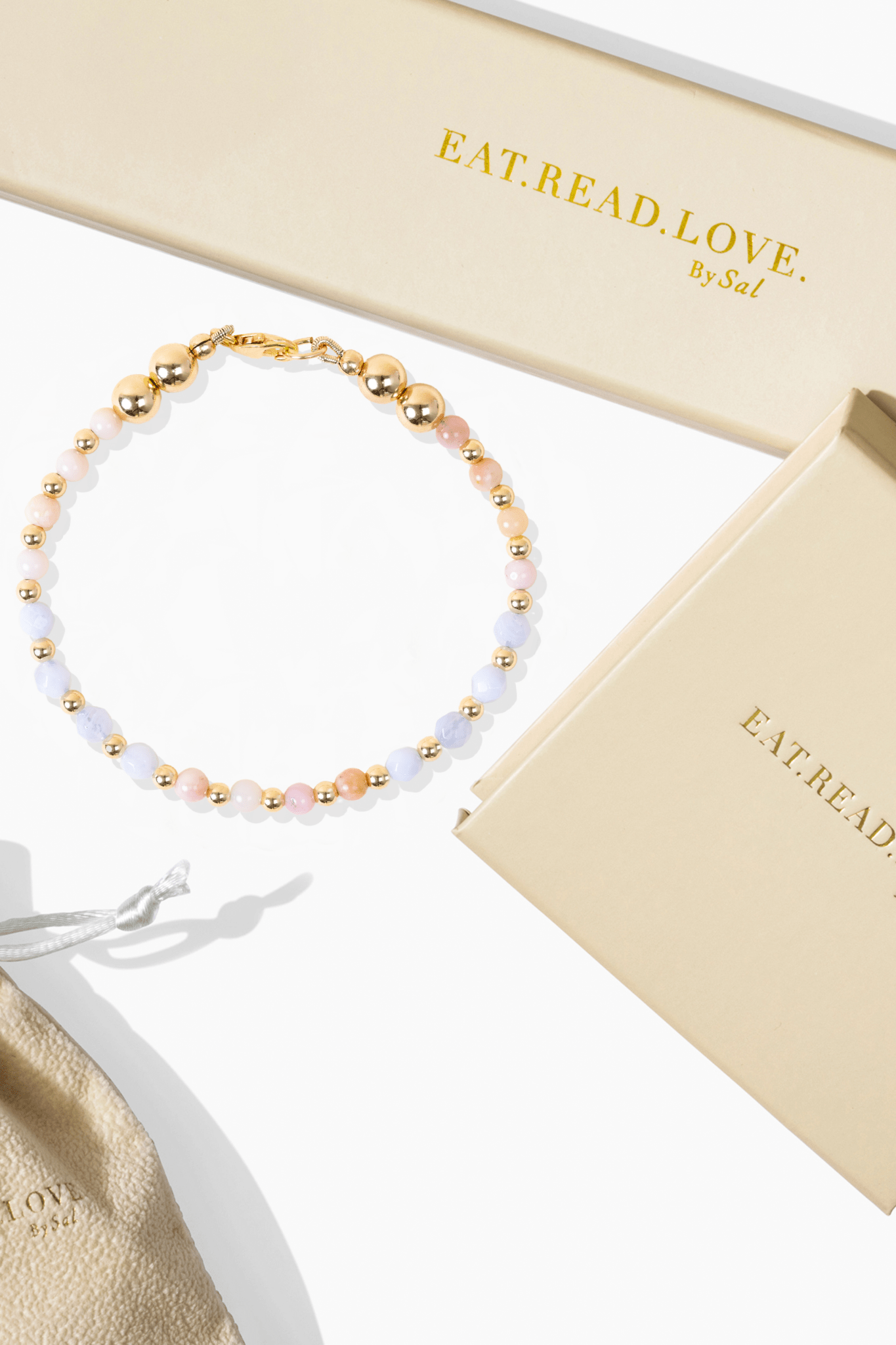Self Love Spiritual Bracelet with REAL Gold - Blue Lace Agate and Pink Opal - Eat.Read.Love.