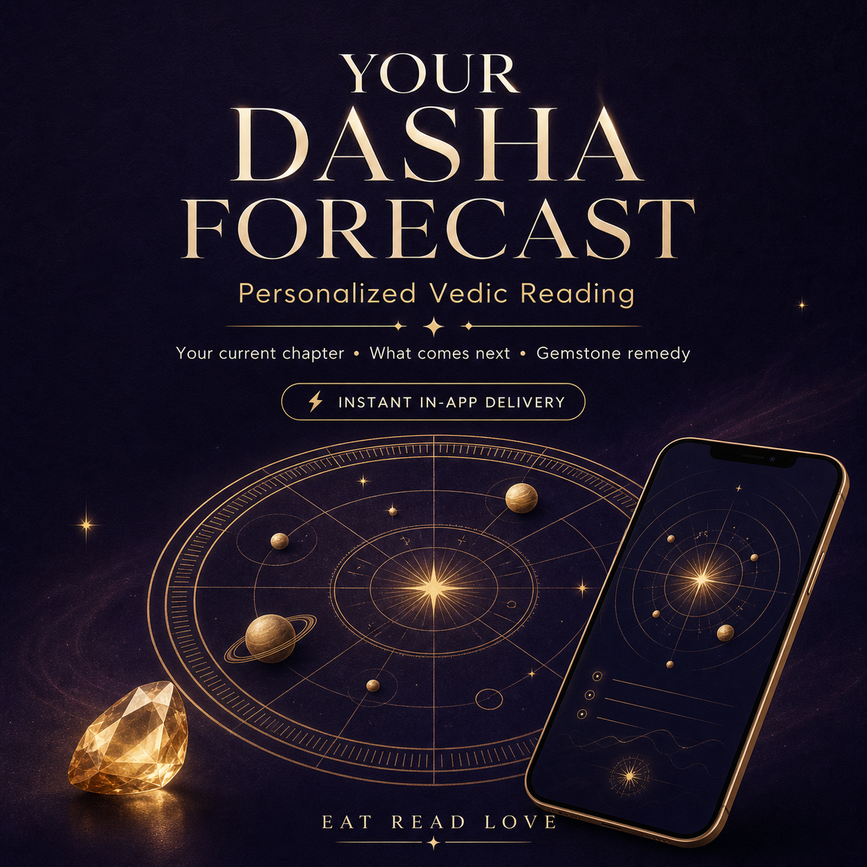 Your Dasha Forecast — personalized Vedic reading with current chapter, what comes next, and gemstone remedy