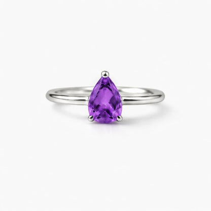 Teardrop Natural Amethyst Sterling Silver Classic Ring