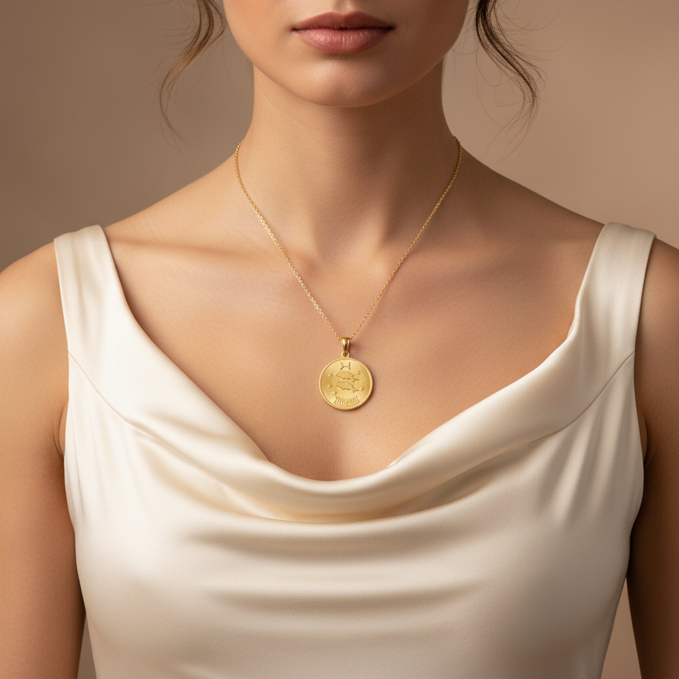 Pisces Zodiac Sign Gold Medallion Necklace