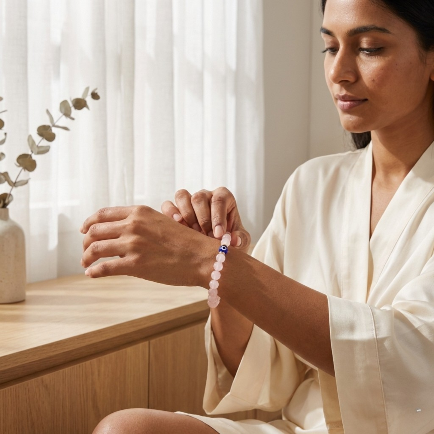 Libra Evil Eye Rose Quartz Crystal Protection Bracelet