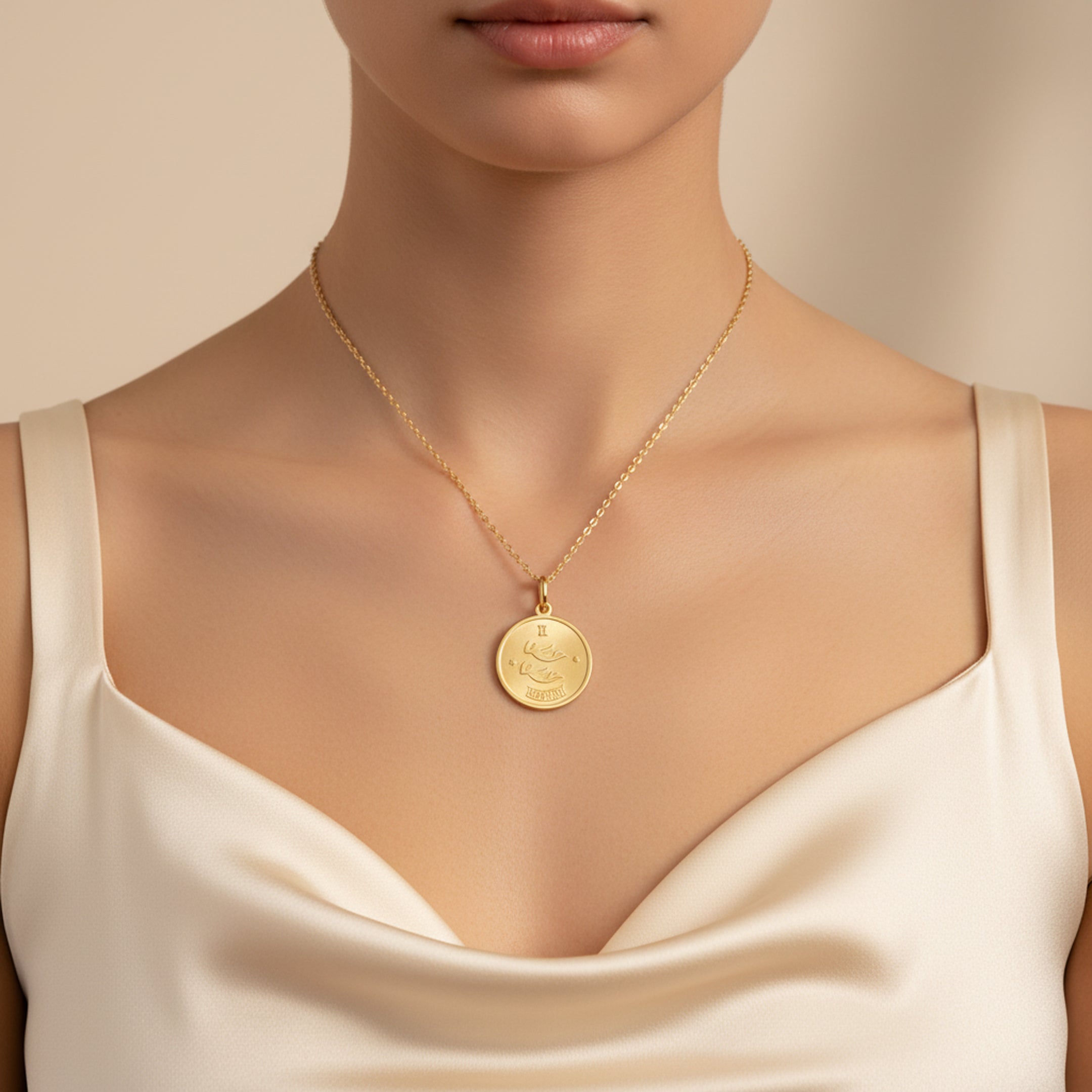 Gemini Zodiac Sign Gold Medallion Necklace