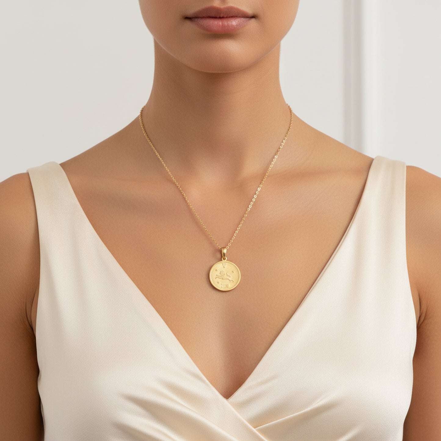 Leo Zodiac Sign Gold Medallion Necklace