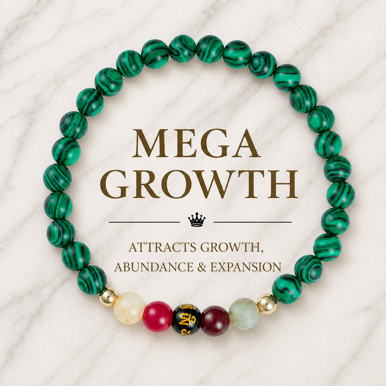 Malachite Mega Growth Lucky 7 Gemstone Bracelet With REAL Gold