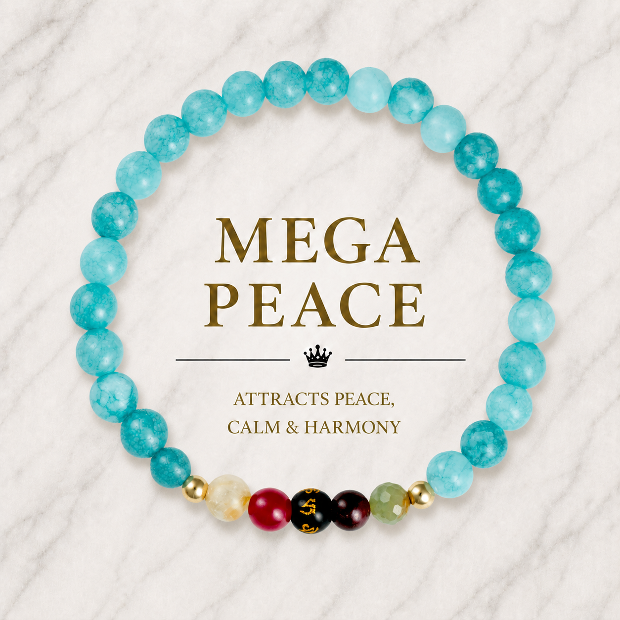 Aquamarine Mega Peace Lucky 7 Gemstone Bracelet With REAL Gold