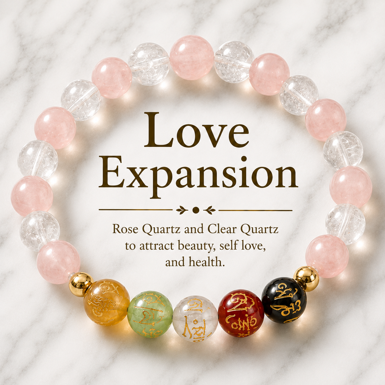 Love Expansion Bracelet Grade AA Rose Quartz & Clear Quartz with Real Gold