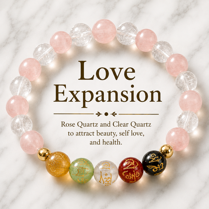 Love Expansion Bracelet Grade AA Rose Quartz & Clear Quartz with Real Gold