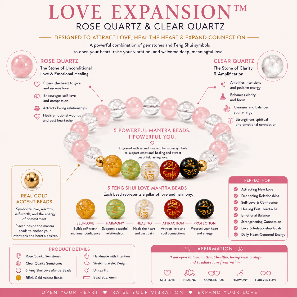 Love Expansion Bracelet Grade AA Rose Quartz & Clear Quartz with Real Gold