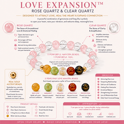 Love Expansion Bracelet Grade AA Rose Quartz & Clear Quartz with Real Gold