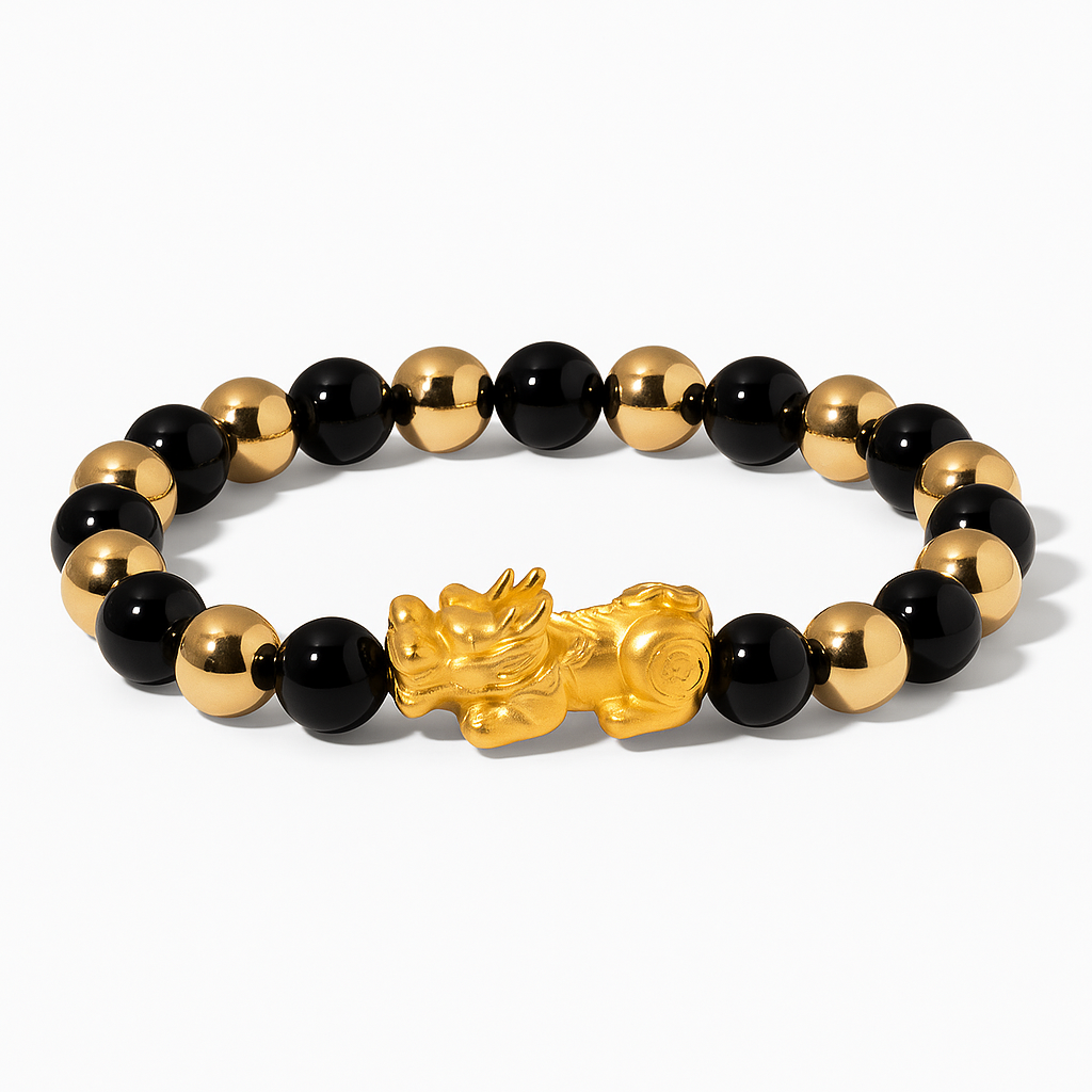 Black Obsidian Infinite Fortune 18k Gold Vermei Pixiu Feng Shui Bracelet