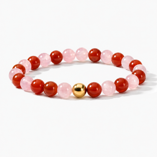 Rose Quartz and Carnelian Crystal Beaded Bracelet With Real Gold - Reconciliation